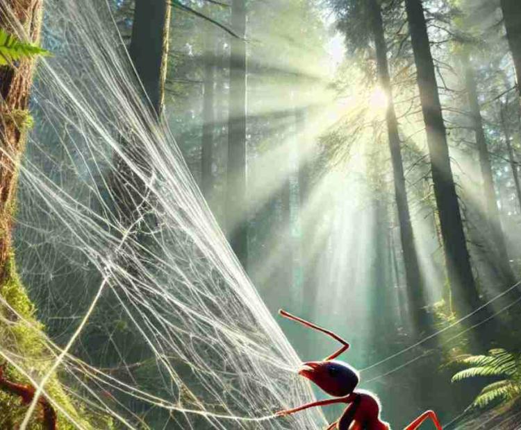 A battle between ants and spider silk, with nature's forces clashing in a tiny yet epic showdown.