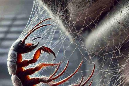 Claws caught in a spider’s web, delicately hanging between tree branches in a mysterious forest setting.